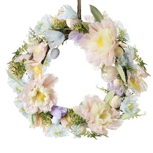 May include: A circular Easter wreath with pastel-coloured paper flowers, speckled eggs, and greenery. The wreath features large, ruffled flowers in shades of pink, yellow, and blue, with smaller blossoms and leaves interspersed throughout. A brown twine loop is at the top for hanging.