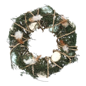 May include: An Easter wreath with a circular design. It features green foliage, twigs, speckled eggs, and feathers. The eggs are white and light blue. The feathers are brown and white, creating a natural aesthetic.