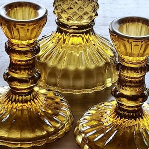 Small Amber Glass Candlestick Holder - Coloured Glass Candlestick Holder - Orange Glass Candle Holder - Etched Taper Dinner Candlestick