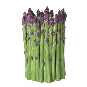 May include: A ceramic vase shaped like a bundle of asparagus. The vase features green stalks with purple tips, creating a realistic and artistic design. The vase is a decorative item for the kitchen or dining room.