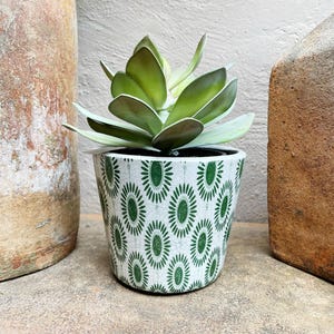 May include: A small, white ceramic planter with a green floral pattern, holding a green succulent plant. The planter is surrounded by two large, weathered, terracotta pots. The succulent has thick, green leaves.