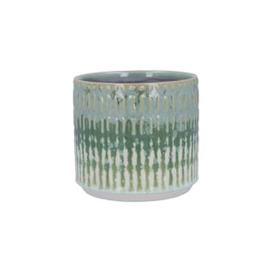 May include: A cylindrical ceramic planter with a textured, vertical striped design. The planter features a gradient of colours, transitioning from a light green at the top to a darker green at the base, with white accents. The planter is approximately 10 cm tall.