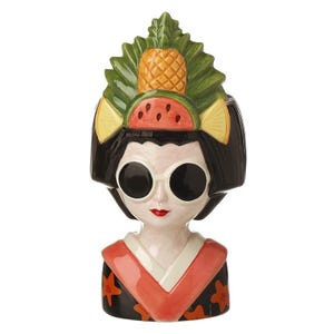 Jarrón oriental con forma de piña y melón - Maceta con forma de rostro - Figura de mujer con sombrero de frutas tropicales - Jarrón con forma de cabeza - Jarrón de flores novedoso - Jarrón de tallo tropical