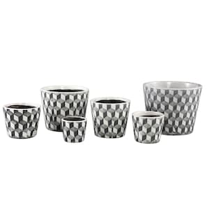 1x Black and White Square Pattern Dutch Pot - 6 Sizes - Geometric Design - Crackle Glaze Plant Pot - Rustic Plant Pot Cover