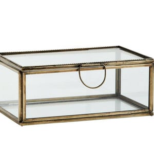 Könnte beinhalten: Eine rechteckige Glasbox mit Scharnierdeckel und Metallrahmen. Die Box hat einen transparenten Glaskörper und einen messingfarbenen Metallrahmen. Die Box ist für die Aufbewahrung oder Präsentation konzipiert.
