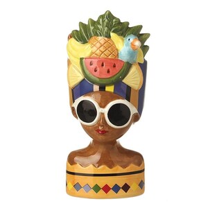 Vas med ananas och melon - hatt och dam - Ansiktskruka - Kvinnafigur med tropisk frukt - Huvudvas - Nyhetsvas - Tropisk stjälkvas