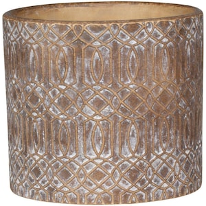 May include: A cylindrical planter featuring a brown finish with a distressed white wash. The exterior surface is decorated with a repeating geometric pattern of interlocking ovals and vertical lines, creating a textured appearance throughout.