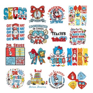 Könnte beinhalten: Eine Sammlung farbenfroher Grafiken zum Thema Dr. Seuss. Die Designs umfassen den Kater im Hut, Thing 1 und Thing 2 sowie verschiedene Zitate und Phrasen. Die Bilder sind in verschiedenen Formen und Größen.