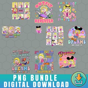 Puede incluir: Un paquete PNG de descarga digital con varios gráficos de dibujos animados de una niña rubia con texto. Los gráficos incluyen frases como "Outfit Repeater", "Can't Shop Must Shop" y "Dreams Are Made Of". El paquete también incluye el texto "PNG Bundle Digital Download".