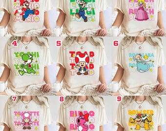 Comfort Colors Super Mario Characters Group Retro Shirt, Nintendo World Family Matching Holiday Trip Tee, Super Mario Birthday Trip Gifts