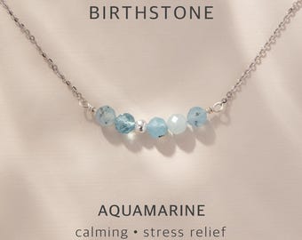Dainty March Birthstone Necklace with Tiny Aquamarine Crystals for Calming & Inner Peace • Sterling Silver/18k Gold • Birth Month Necklace