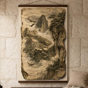 Peut inclure: Une tenture murale verticale présentant une illustration sépia du Machu Picchu niché dans des montagnes brumeuses. L'œuvre a une bordure dentelée en pierre et est suspendue par un cadre en bois sombre avec un fil fin, représentant des oiseaux.