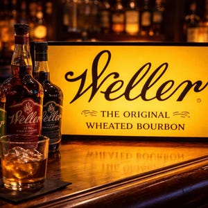 May include: Three bottles of Weller bourbon with different labels, a glass of whiskey with ice, and a backlit sign with the Weller logo and text "THE ORIGINAL WHEATED BOURBON" on a bar.