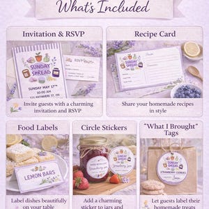 Könnte beinhalten: Ein digitales Einladungsset mit Lavendel-Thema, das Einladungen, Rezeptkarten, Essensetiketten, Kreisaufkleber und Anhänger enthält. Der Text enthält "SUNDAY SPREAD" und "What's Included". Das Set ist eine editierbare Canva-Vorlage.