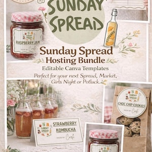 Sunday Spread Hosting Bundle | Potluck Party Editable Canva Templates (Recipe Cards, Labels)