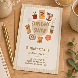 Op de afbeelding: Een beige uitnodigingskaart voor een "Sunday Swap" evenement, met illustraties van voedsel zoals pasta en een pot jam. De kaart vermeldt de datum, tijd en locatie: 123 Homeview Rd. RSVP voor 5 mei.
