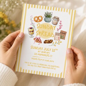 May include: A rectangular invitation card with yellow and white vertical stripes on the edges. The center features illustrations of a pretzel, potted plant, jar, parfait, croissant, granola bar, and seed packets. Text reads: SUNDAY SPREAD, SUNDAY JULY 12TH, AT 10:00 AM, 123 ANYWHERE ST, PLEASE RSVP BY JUNE 28TH, THE # OF ITEMS TO BRING WILL BE CONFIRMED ON THE 4TH. RIGHT NOW PLAN FOR 12.