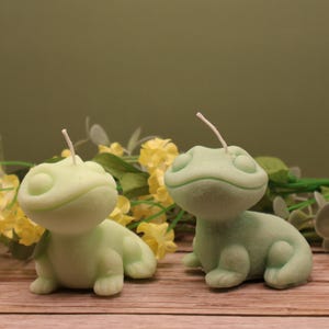 Könnte beinhalten: Zwei hellgrüne Froschkerzen mit weißen Dochten. Die Kerzen stehen auf einer Holzoberfläche mit gelben Blumen und grünen Blättern im Hintergrund. Die Kerzen haben ein glattes, abgerundetes Design.