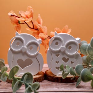 Könnte beinhalten: Zwei weiße eulenartige Kerzenhalter mit Herz-Ausschnitten, die auf Holzscheiben stehen. Die Eulen haben große Augen und sind mit orangefarbenen Blumen und grünem Laub vor einem orangefarbenen Hintergrund verziert. Ein charmantes Dekorationsstück.