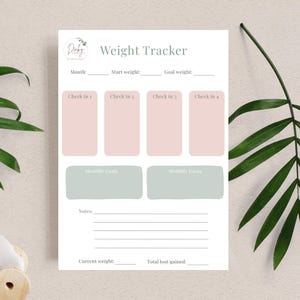 Puede incluir: Una hoja de seguimiento de peso blanca con el texto Weight Tracker en la parte superior. Incluye campos para mes, peso inicial y peso objetivo. Cuatro rectángulos rosas, dos cajas verde salvia y líneas para notas están en la hoja.