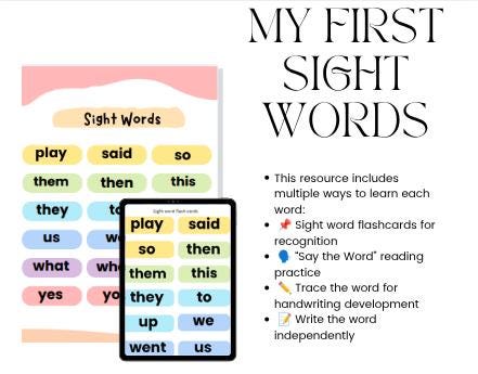 store product block My First Sight Words Printable | Flashcards, Say-Trace-Write Worksheets | Early Reading Practice for Kids poster