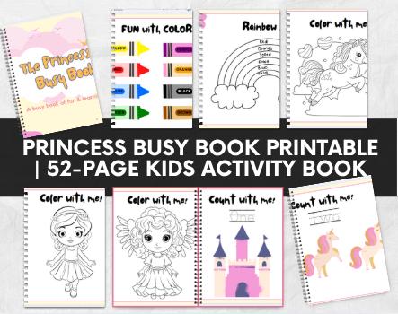 store product block Princess Busy Book Printable | 52-Page Kids Activity Book | Coloring, Counting, Tracing & Matching Worksheets poster