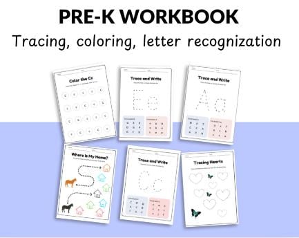 store product block Pre-K Workbook Printable | Early Learning Activities for Preschool | Tracing, Letter Recognition, Coloring and More poster
