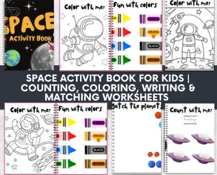 store product block Space Activity Book for Kids | Counting, Coloring, Writing & Matching Worksheets | Printable Quiet Time Learning poster