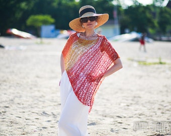 Boho Poncho Summer Hand Knit Crochet Orange Red Yellow