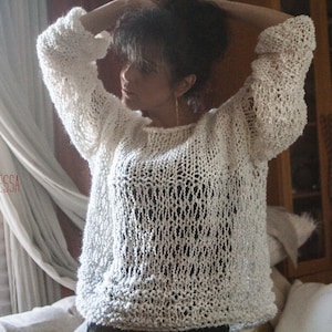 Boho Chic Hand Knit Boyfriend Sweater Chunky Knit White Sweater