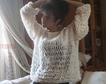 Boho Chic Hand Knit Boyfriend Sweater Chunky Knit White Sweater