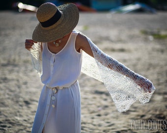 Summer Shawl Hand Knit Lace Beach Weight Cream Cover Up