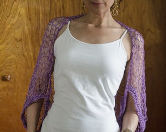 Lacy Knitted Shrug Radiant Orchid Summer Sweater with Crocheted Edging Lavendar Short Shrug