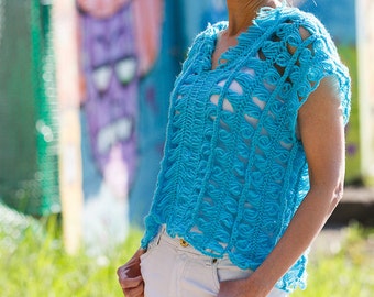 Turquoise Summer Top Handknit Boho Sweater Crocheted Sweater