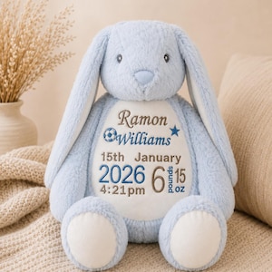 Puede incluir: Un conejo de peluche azul claro con orejas largas y un parche blanco en el vientre bordado con el texto Personalised Bunny Keepsake, Ramon Williams, 15th January 2026, 4:21pm y 6 pounds 15 oz, con un icono de balón de fútbol y una estrella.
