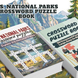 May include: Two books titled "U.S. National Parks Crossword Puzzle Book" are displayed. The book covers feature a crossword puzzle with a scenic landscape and the text "Explore U.S. National Parks." The second book cover has the text "50 Crossword Puzzles, Large, Easy-to-Read Print."