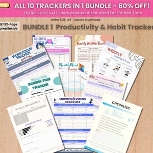 May include: A bundle of ten A4 productivity and habit tracker sheets including a work focus tracker, gratitude tracker, weekly routine, mood tracker, workout plan, book tracker, screen time tracker, weekly breakdown, checklist, and morning/evening checklist.