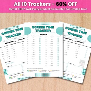 Peut inclure: Trois feuilles de suivi du temps d'écran en papier blanc avec des accents et du texte bleu sarcelle. Chaque feuille comporte un en-tête SCREEN TIME TRACKER, des sections pour le nom, le mois, les objectifs hebdomadaires et des journaux quotidiens.