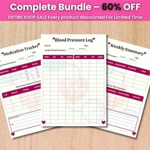 Könnte beinhalten: Drei weiße Gesundheits-Tracking-Formulare aus Papier mit dunkelrosa Kopfzeilen und Herz-Akzenten. Die Formulare sind als Medication Tracker, Blood Pressure Log und Weekly Summary betitelt und enthalten Raster für Daten, Uhrzeiten und Puls.