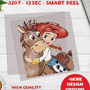 May include: DTF gang sheet featuring a cartoon image of a cowgirl and a horse. The image includes the text "READY TO PRESS" and instructions for application. Additional text includes "HIGH QUALITY", "FULL COLOR", and "BEST PRICE". A red circle says "+MORE DESIGN OPTIONS IN THE SHOP".