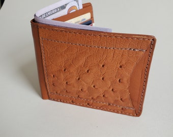 Tan Brown Genuine Ostrich & Calf Leather Wallet