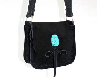 Balboa Shoulder Bag in Black Suede + Turquoise