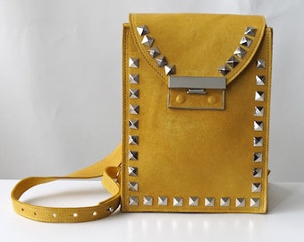 Yellow leather structured backpack. Italian lock.