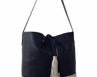 Black & Champagne Pebbled  Leather Bucket Bag with Tassels Accent