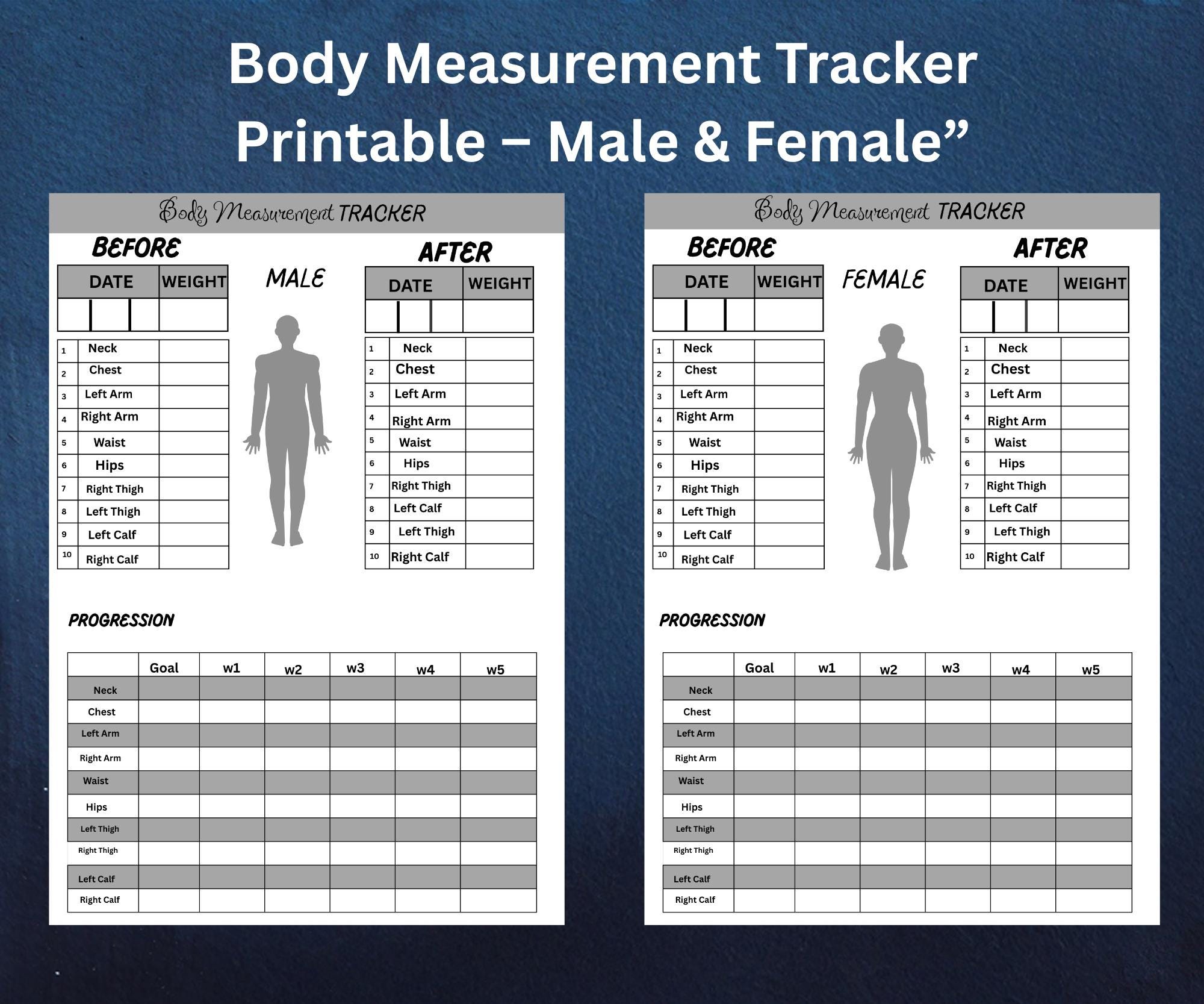 Body Measurement Tracker Printable: Male, Female Fitness Progress ...