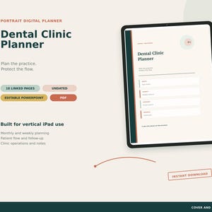 May include: A digital dental clinic planner displayed on a tablet screen, featuring 18 linked pages, undated layouts, and editable PowerPoint and PDF formats. The interface includes sections for patient flow, follow-up, and clinic operations.
