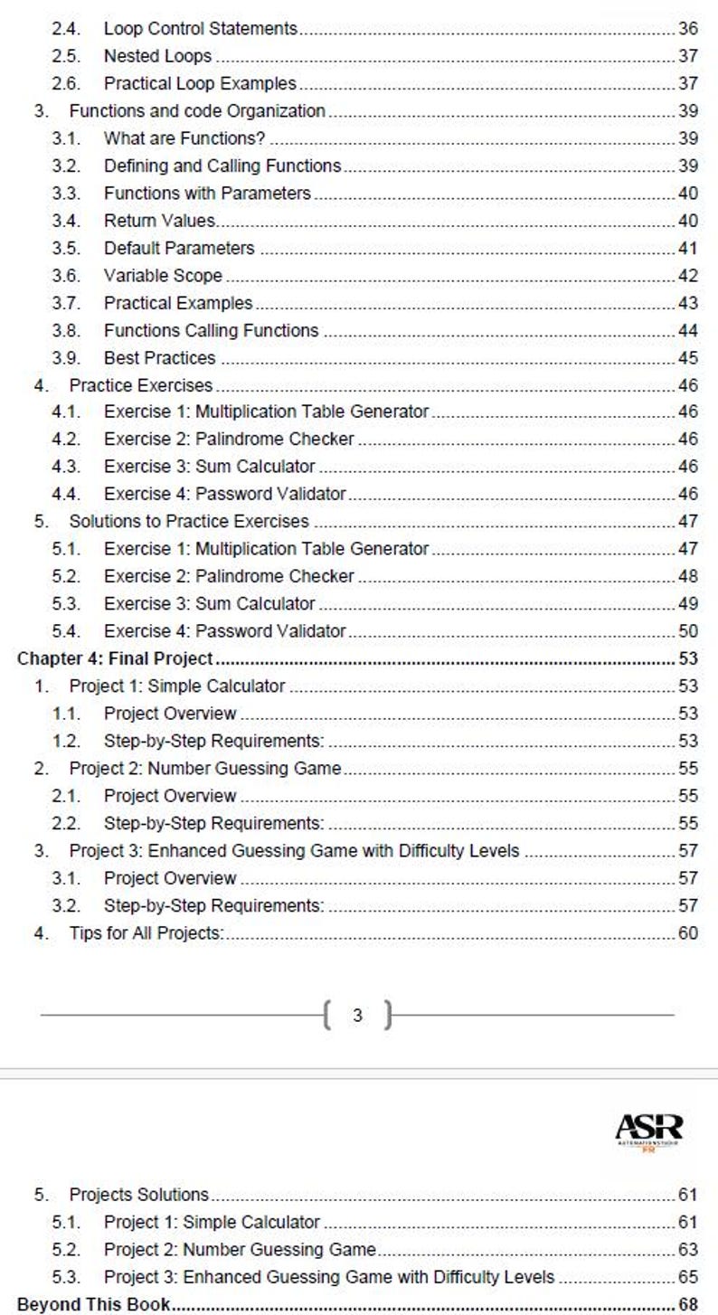 Peut inclure: Une page de livre avec une table des mati&egrave;res d&eacute;taill&eacute;e. Les sections traitent de concepts de programmation tels que les boucles, les fonctions et les exercices. Le logo ASR est pr&eacute;sent.