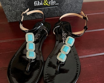 Fibi & Clo ladies flat sandal - black; turquoise