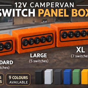 May include: Orange 12V campervan switch panel boxes in three sizes: Standard (3 switches), Large (5 switches), and XL (7 switches). Each box has black switches with "ON" and "OFF" labels. Nine colors are available.