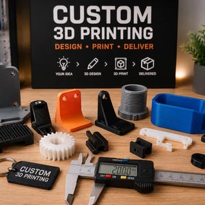 Op de afbeelding: Een verzameling op maat gemaakte 3D-geprinte onderdelen in diverse kleuren en vormen, waaronder een tandwiel, beugels en een blauwe container. Een digitale schuifmaat toont een meting van 20,00 mm. De achtergrond toont "CUSTOM 3D PRINTING".